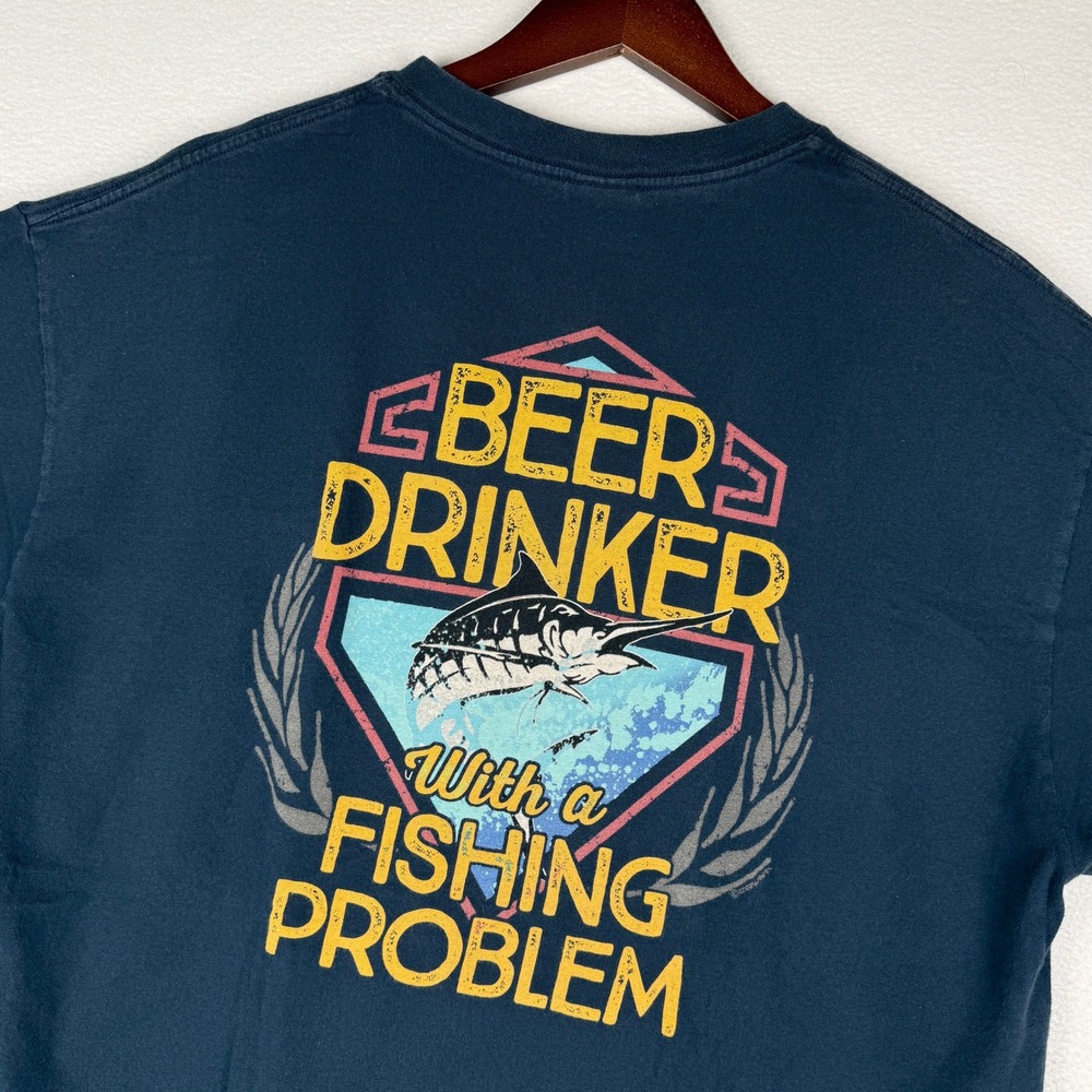 Crazy Shirts Mens L Navy Blue Beer Drinker Fishing Problem Marlin T-Shirt Funny